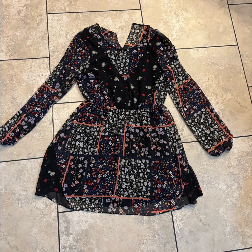 Black Floral Patchwork Long Sleeve Mini Dress w/black underdress